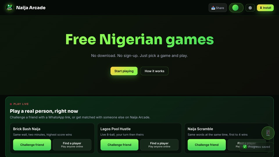 Naija Arcade home page with screenshots of Naija Scramble and Naija Millionaire