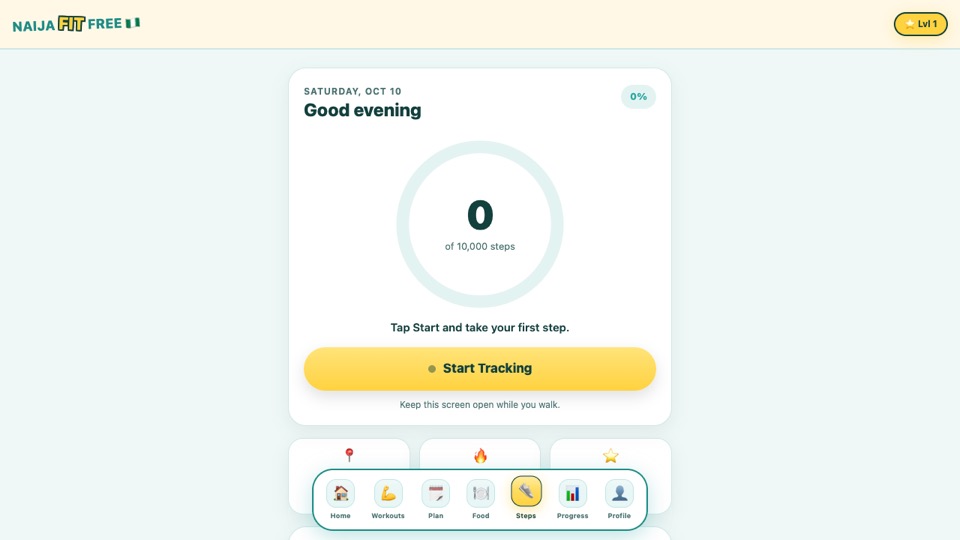 Naija Fit Free step tracker with today's step ring and the Start Tracking button