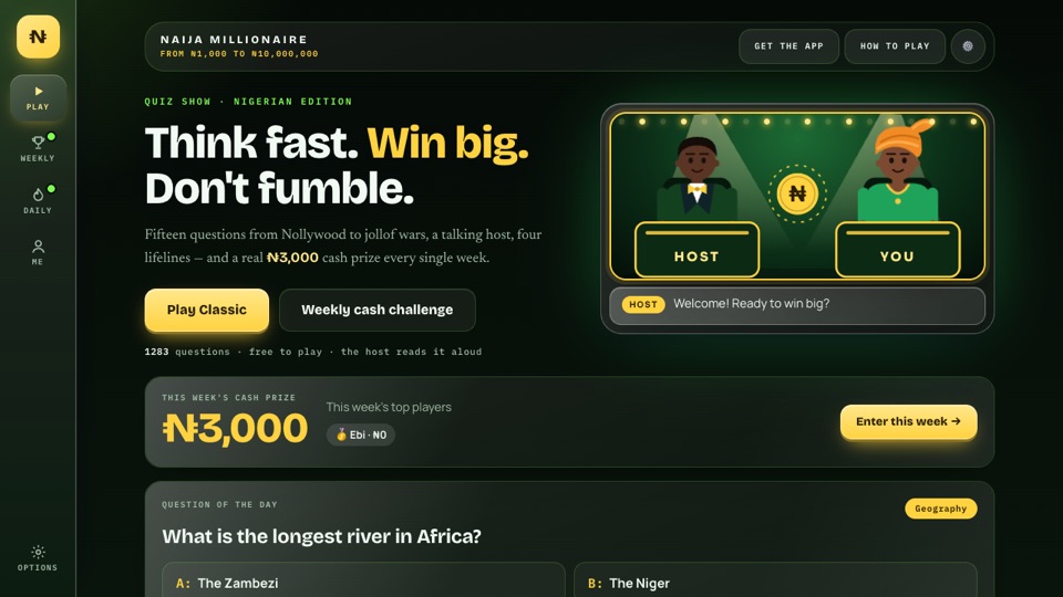 Naija Millionaire home screen with the talking host stage and the weekly cash prize